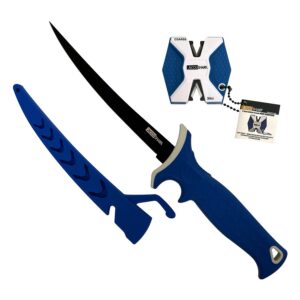 AccuSharp 736C Fillet with Sharpener 6.50" Fixed Fillet Plain Satin Titanium Coated Stainless Steel Blade/Royal Blue Ergonomic Anti-Slip Rubber Handle