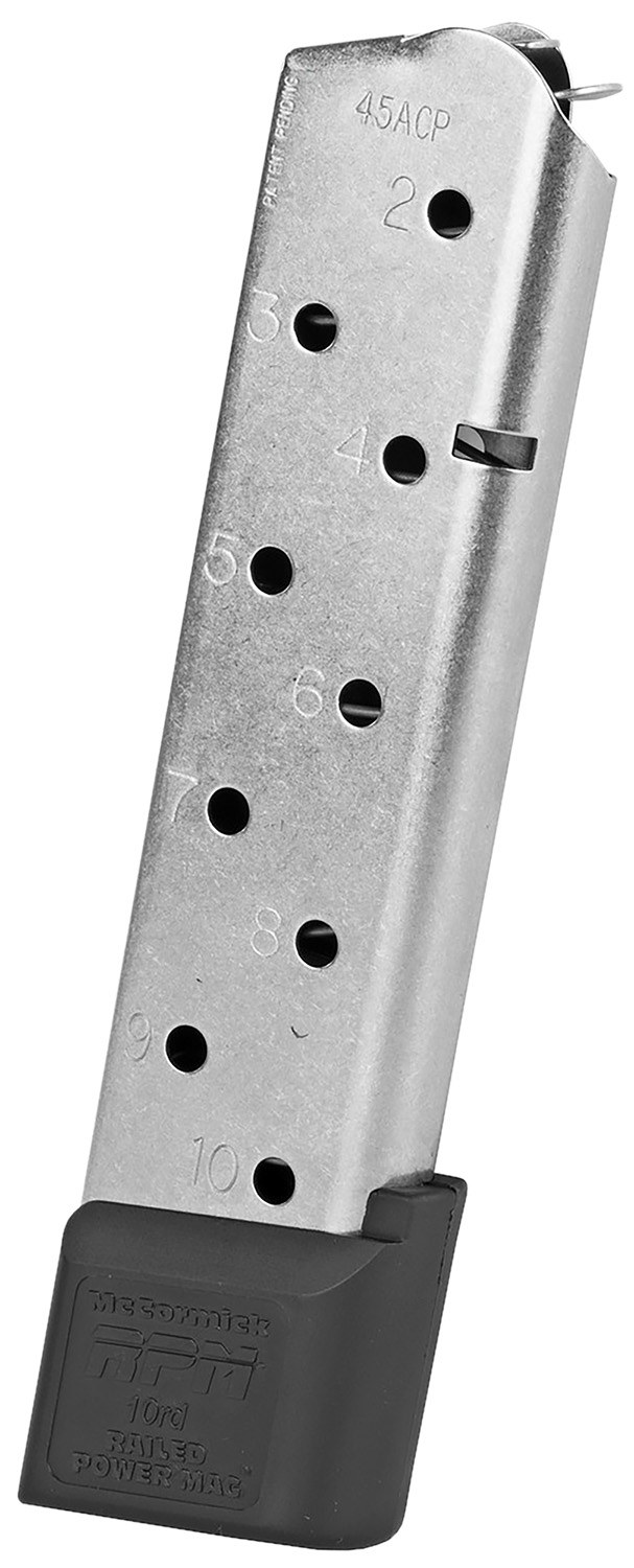 CMC Products 17150 Power Magazine Railed 10-Round 45 ACP Fits 1911 Government Stainless Steel with Black Base Pad