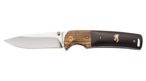 Browning 3220231 Buckmark Hunter EDC 3" Folding Drop Point, Plain Mirror Polished 8Cr14MoV SS Blade, Black/Natural Finger Grooved with Brass Accents