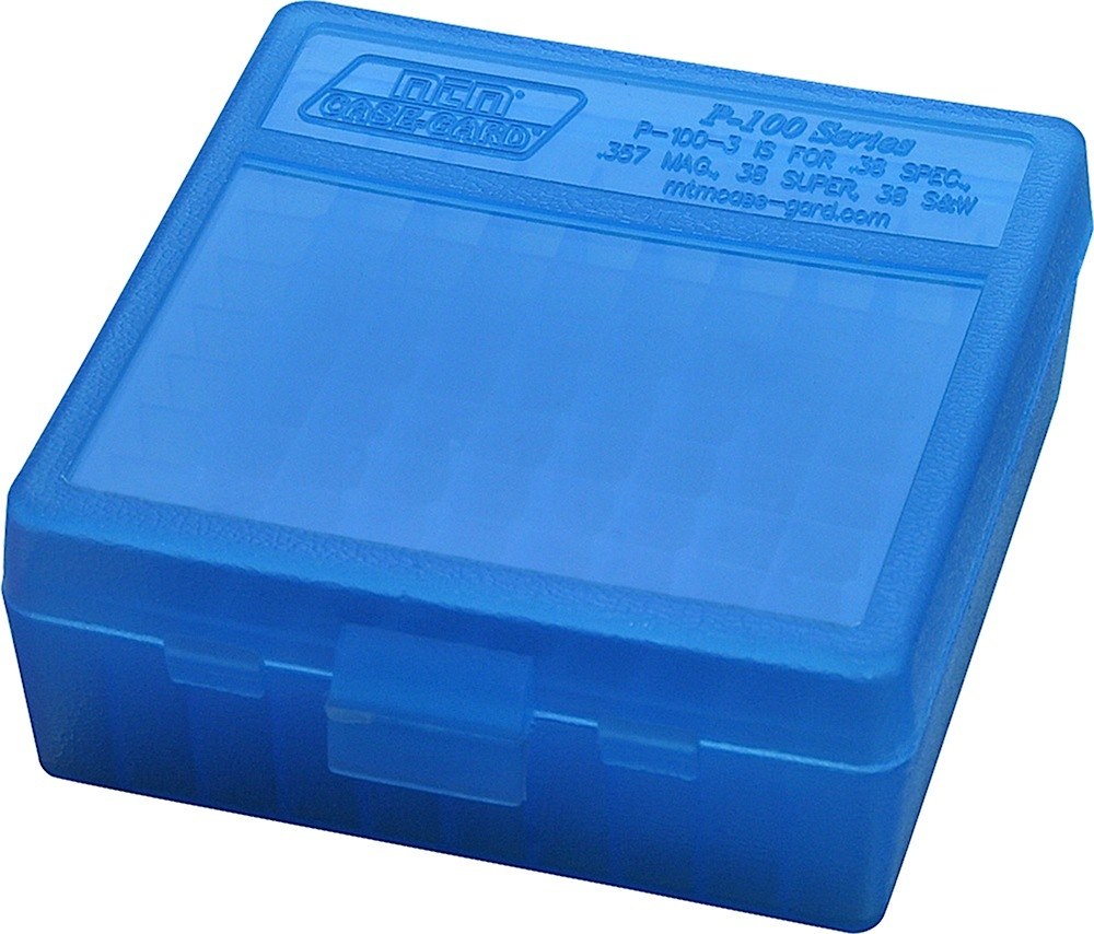 MTM Case-Gard P100324 Ammo Box Flip-Top Multi Caliber Handgun Clear Blue Polypropylene 100-Round