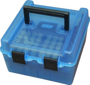 MTM Deluxe Ammo Box 100 Round Handle WSM WSSM Ultra Mag Clear-Blue