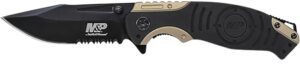 Smith & Wesson Knives SWP13BSCP M&P 3.50" Folding Drop Point Part Serrated Stonewashed 8Cr13MoV SS Blade/Black & Tan Aluminum Handle