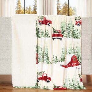 Carstens Christmas Barn and Truck Plush Sherpa Throw 54" X 68"