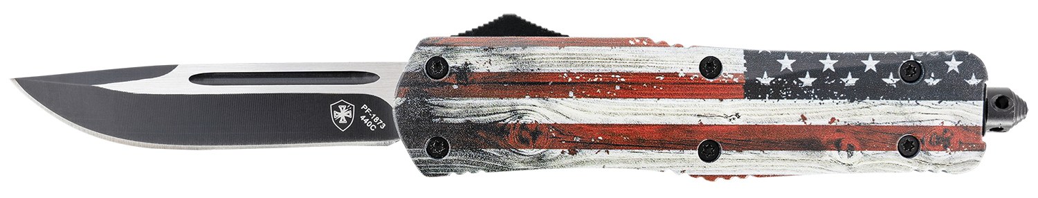 Templar Knife LWUS331 Gen II Wood US Flag Large 3.50" OTF Drop Point Plain Black Oxide Stonewashed 440C SS Blade, 5.25" Painted Wood Grain US Flag