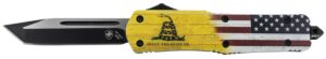 Templar Knife LDTOM231 Gen II Don't Tread on Me Large 3.50" OTF Tanto Plain Black Oxide Stonewashed 440C SS Blade, 5.25" Yellow with Flag & "Don't