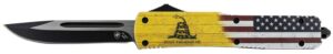 Templar Knife MDTOM331 Gen II Don't Tread on Me Slim 3.50" OTF Drop Point Plain Black Oxide Stonewashed 440C SS Blade, 5.05" Yellow with Flag &amp