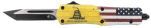 Templar Knife S-DTOM-23-1 Gen II Don't Tread on Me Small 2.69" OTF Plain Black Oxide 440C SS Blade, 4.25" Yellow with Flag & "Don't Tread on Me"
