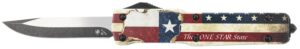 Templar Knife MZTX321 Premium Weighted Texan Slim 3.16" OTF Drop Point Plain Black Oxide Stonewashed D2 Steel Blade, 4.93" Red/White/Blue with "The