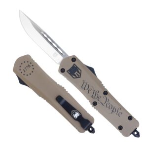 CobraTec Knives MWTPFS3DNS FS-3 We the People Medium 3" OTF Drop Point Plain D2 Steel Blade Tan with "We the People" Aluminum Cerakoted Handle