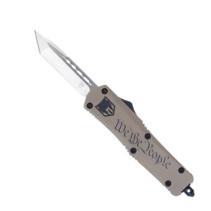 CobraTec Knives MWTPFS3TNS FS-3 We the People Medium 3" OTF Tanto Plain D2 Steel Blade Tan with "We the People" Aluminum Cerakoted Handle Features