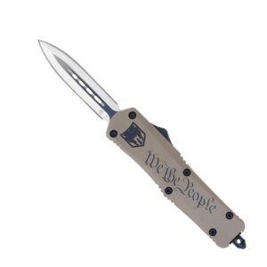 CobraTec Knives MWTPFS3DAGNS We the People Medium 3" OTF Dagger Plain D2 Steel Blade/Tan with "We the People" Features Glass Breaker Includes Pocket
