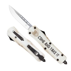 CobraTec Knives MCATIFS3DNS FS-3 Come and Take It 3" OTF Drop Point Plain 154CM SS Blade White with "Come and Take It" Aluminum Cerakoted Handle