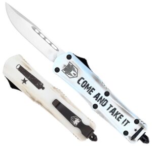 CobraTec Knives SCATIFS3DNS FS-3 Come and Take It Small 3" OTF Drop Point Plain D2 Steel Blade 4.50" White "Come and Take It" Aluminum Cerakoted