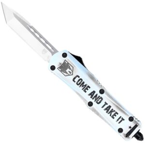 CobraTec Knives SCATIFS3TNS FS-3 Come and Take It Small 3" OTF Tanto Plain Satin D2 Steel Blade, 4.50" White "Come and Take It" Aluminum Cerakoted