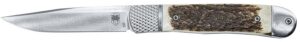 CobraTec Knives CTTHRSTG Trapper Hidden Release 3.12" Flip Open Drop Point Plain Satin D2 Steel Blade, 4.25" Stag Scales Handle