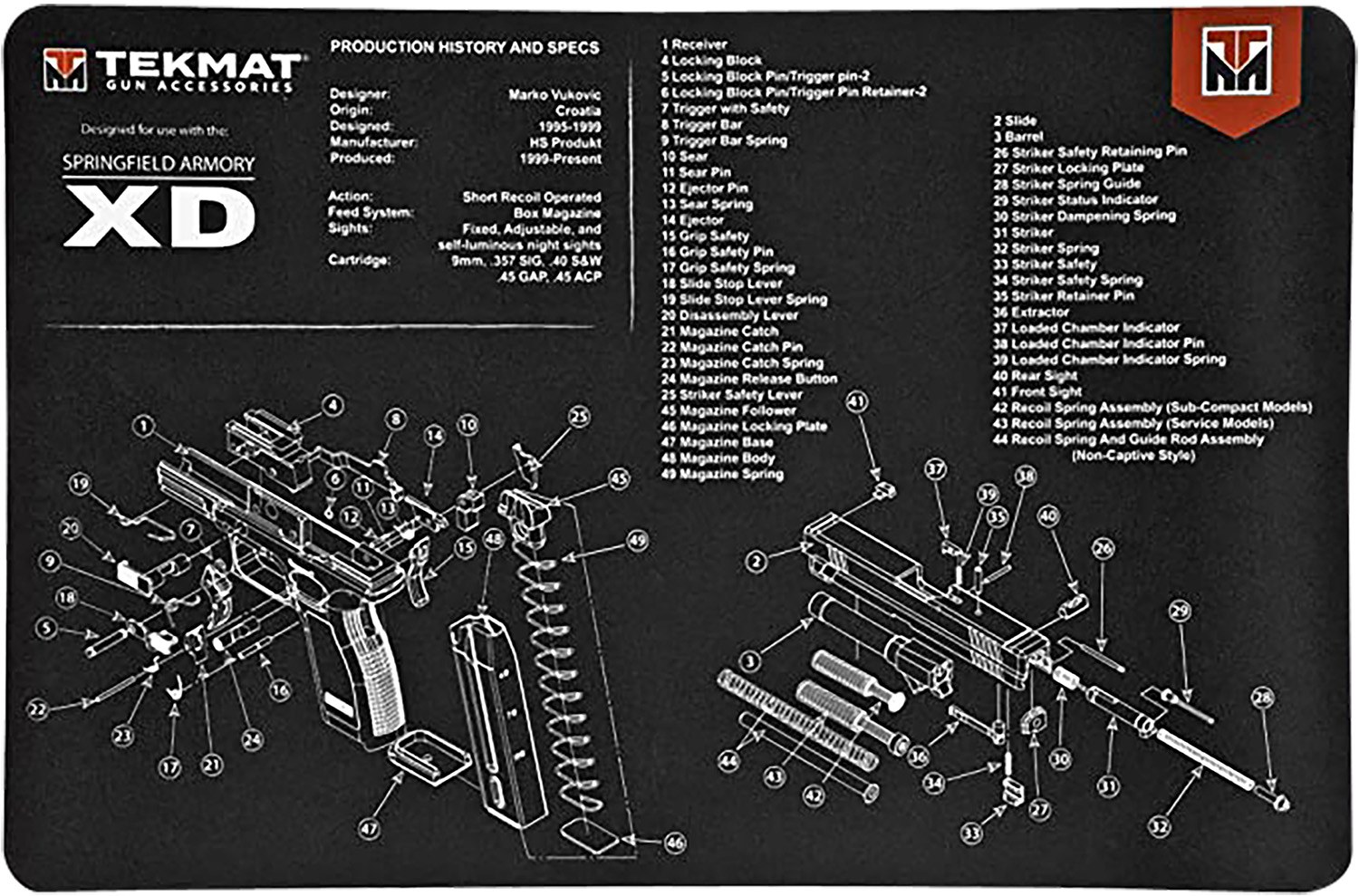 TekMat TEKR17XD Springfield Armory XD Cleaning Mat Black/White Rubber 11"x17" Springfield Armory XD Parts Diagram
