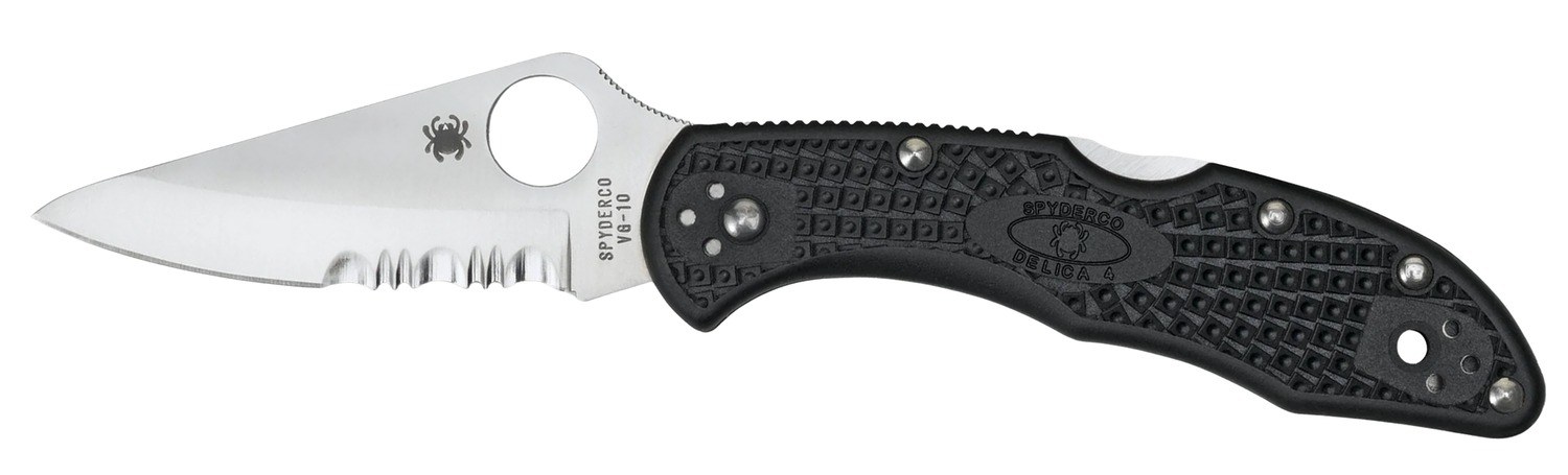 Spyderco C11PSBK Delica 4 2.88" Folding Drop Point Part Serrated VG-10 SS Blade, Black Textured FRN Handle, Includes Pocket Clip