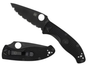 Spyderco C122PSBBK Tenacious Lightweight 3.39" Folding Part Serrated Black Oxide 8Cr13MoV SS Blade/Black Bi-Directional Texturing FRN Handle Includes