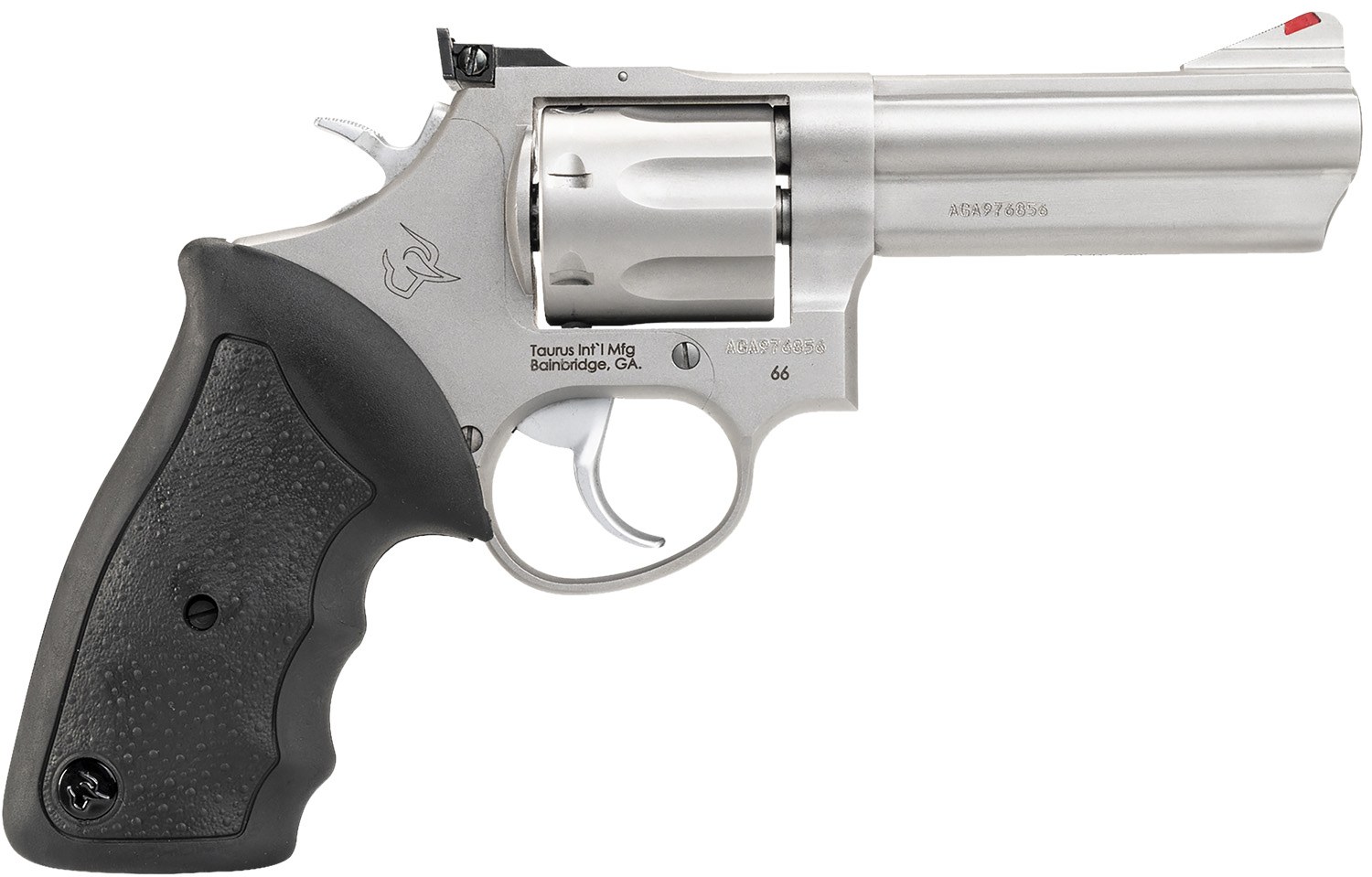 Taurus 2-660049 66 Medium 357 Mag/38 Special +P 7 Shot 4" Matte Stainless Steel Barrel, Cylinder & Frame, Black Finger Grooved Rubber Grip