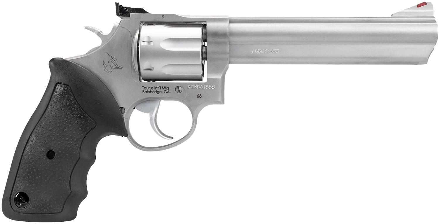 Taurus 2-660069 66 Medium 357 Mag/38 Special +P 7 Shot 6" Matte Stainless Steel Barrel, Cylinder & Frame, Black Finger Grooved Rubber Grip