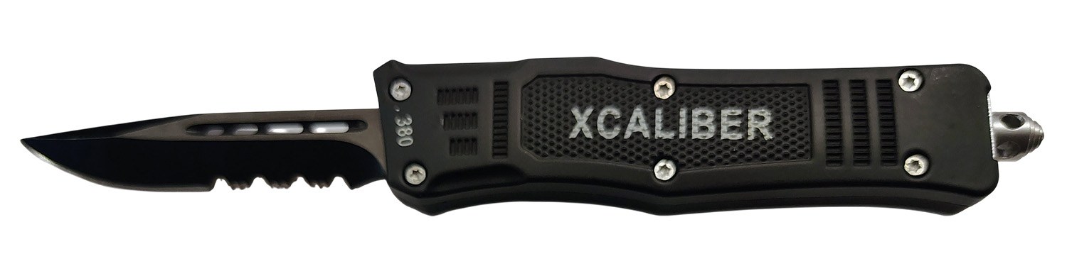 Xcaliber Knife Company 380 ACP Small 2.75" OTF Part Serrated Black 440C SS Blade, 3.91" Steel Handle