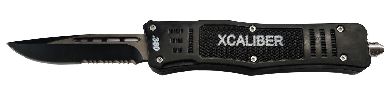 Xcaliber Knife Company 380 ACP Medium 3.25" OTF Part Serrated Black 440C SS Blade, 4.64" Steel Handle