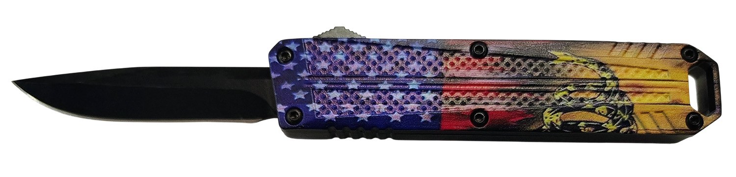 Xcaliber Knife Company Don't Tread on Me Small 2.75" OTF Drop Point Plain Black 440C SS Blade, 4.15" US Flag Aluminum Handle