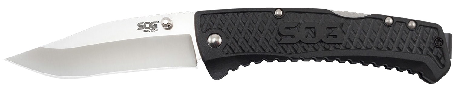 S.O.G SOG-TD1011-C Traction 3.50" Folding Clip Point Plain Satin 5Cr13MoV SS Blade Black Textured Green Handle Includes Pocket Clip