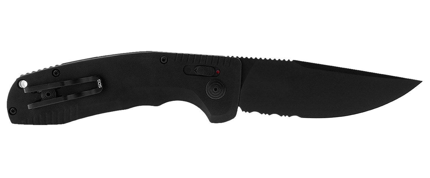 S.O.G SOG15380257 SOG-TAC Auto 3.43" Folding Part Serrated Black TiNi Cryo D2 Steel Blade Black Micro-Textured Anodized Aluminum Handle Includes