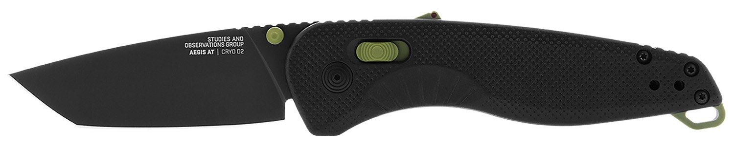 S.O.G SOG11410941 Aegis at 3.13" Folding Drop Point Plain Black TiNi Cryo D2 Steel Blade/Black with Mossberg Accents Green Handle