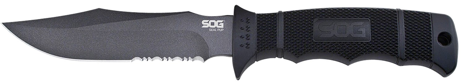 S.O.G SOGM37K Seal Pup 4.75" Fixed Clip Point Part Serrated Powder Coated AUS-8A SS Blade Black with Raised Diamond Pattern Green Handle Includes