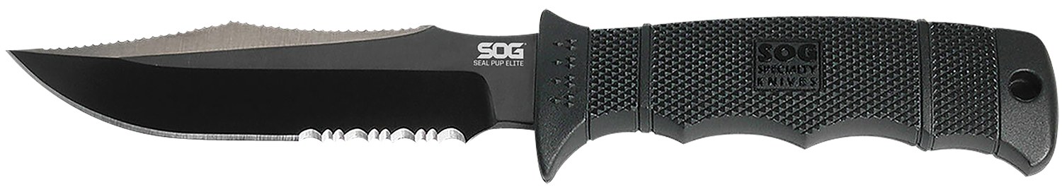 S.O.G SOGE37TK Seal Pup Elite 4.85" Fixed Clip Point Part Serrated Black Hardcased TiCN AUS-8A SS Blade/Black with Grip Lines Green Handle Includes