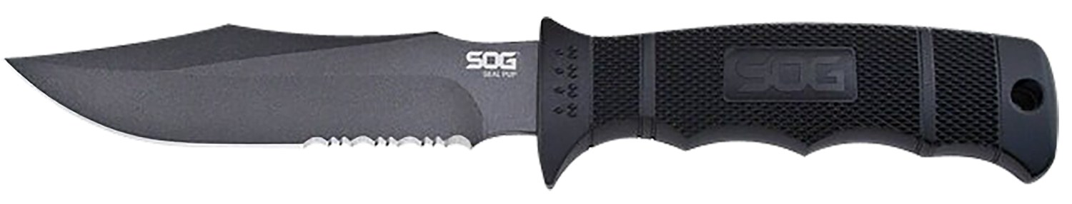S.O.G SOGM37NCP Seal Pup 4.75" Fixed Clip Point Part Serrated Powder Coated AUS-8A SS Blade Black with Raised Diamond Pattern Green Handle Includes