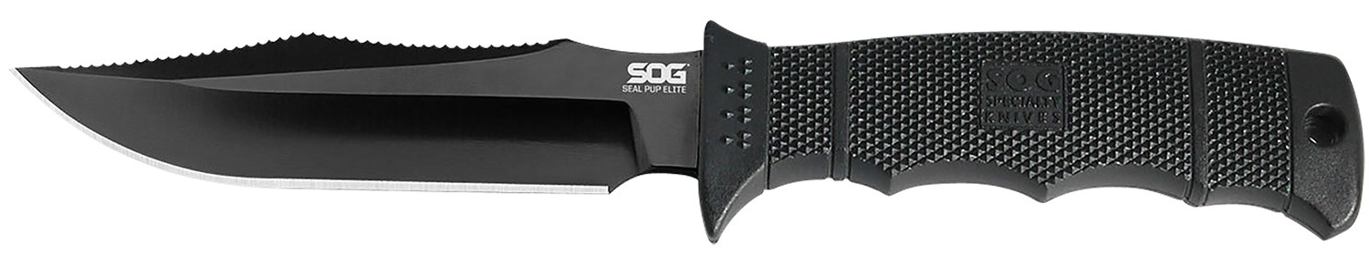 S.O.G SOGE37SNCP Seal Pup Elite 4.85" Fixed Clip Point Plain Black Hardcased TiCN AUS-8A SS Blade/Black with Grip Lines Green Handle Includes