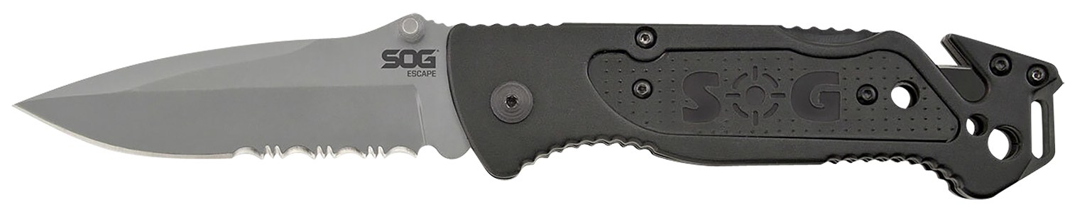 S.O.G SOG-FF24-CP Escape 3.40" Folding Clip Point Part Serrated Bead Blasted 9Cr18MoV SS Blade Black Anodized Aluminum Handle Includes Belt Clip