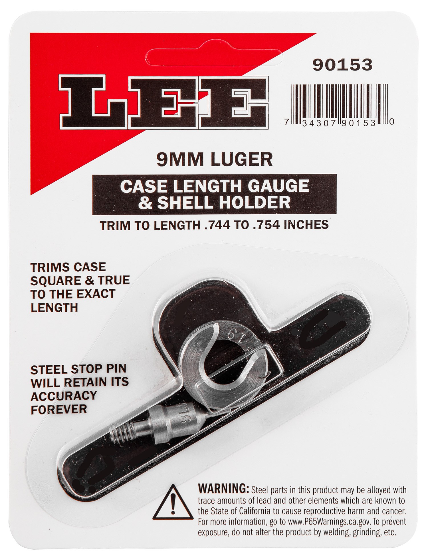 Lee Precision 90153 Case Length Gauge 9mm Luger Steel Works with Cutter/Lock Stud Includes Shell Holder