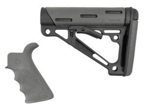 Hogue 15556 OverMolded Collapsible Buttstock Black Synthetic & Slate Gray OverMolded Rubber Stock Slate Gray Rubber Finger Grooved Grip for AR-15