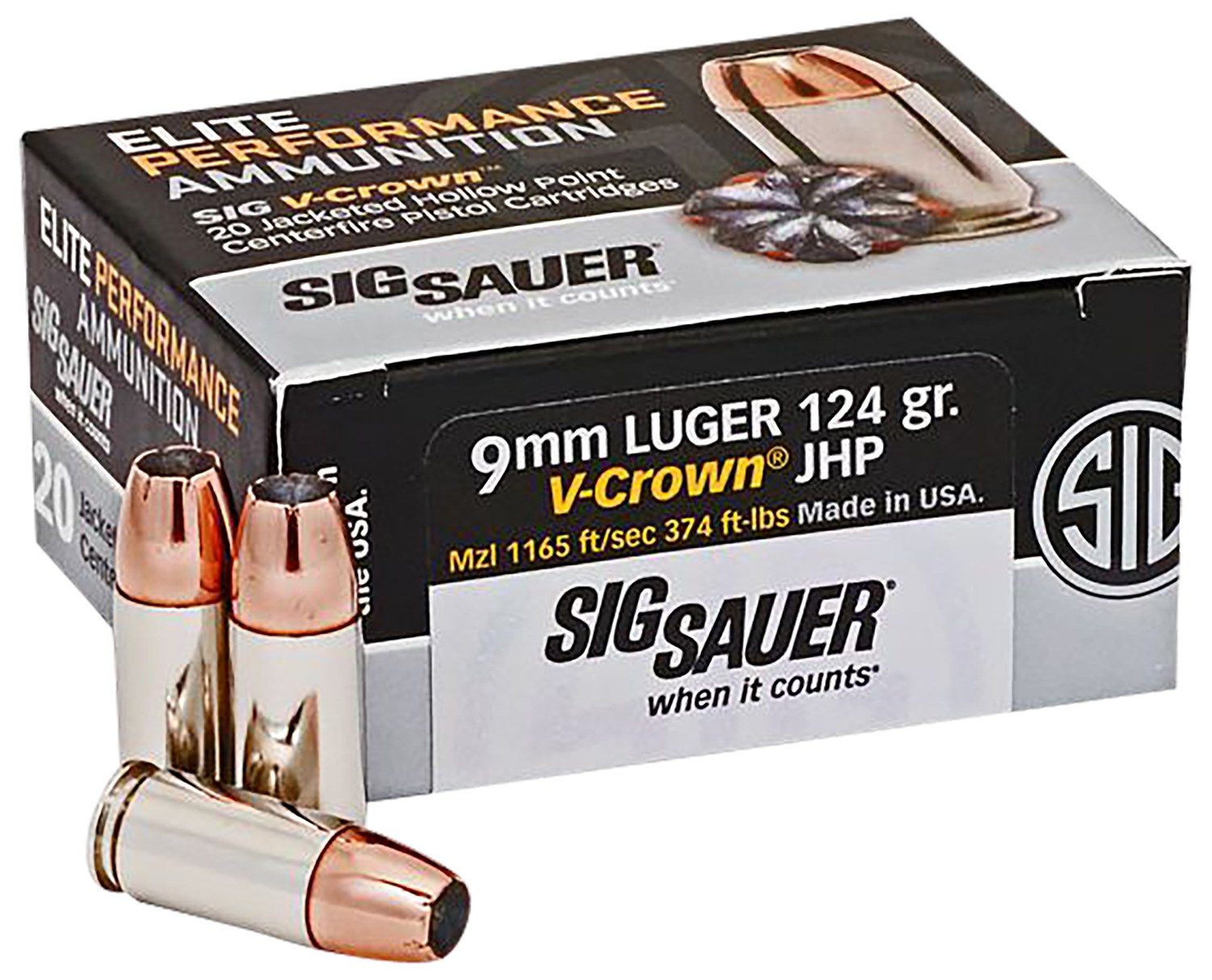 Sig Sauer E9MMA220 Elite Performance 9mmLuger 124gr V-Crown Jacketed Hollow Point 20 per Box/10 Case