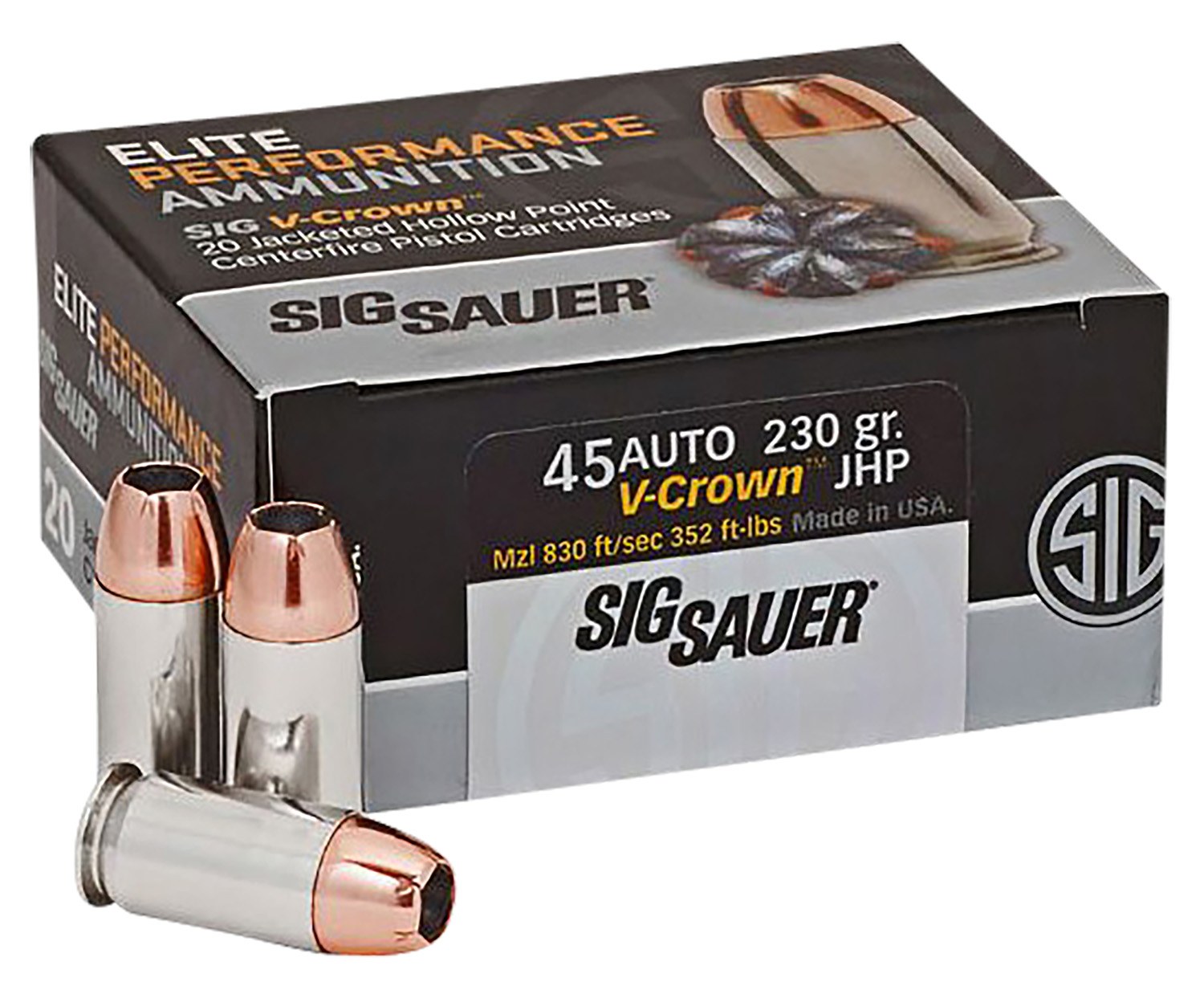 Sig Sauer E45AP220 Elite Performance 45ACP 230gr V-Crown Jacketed Hollow Point 20 per Box/10 Case
