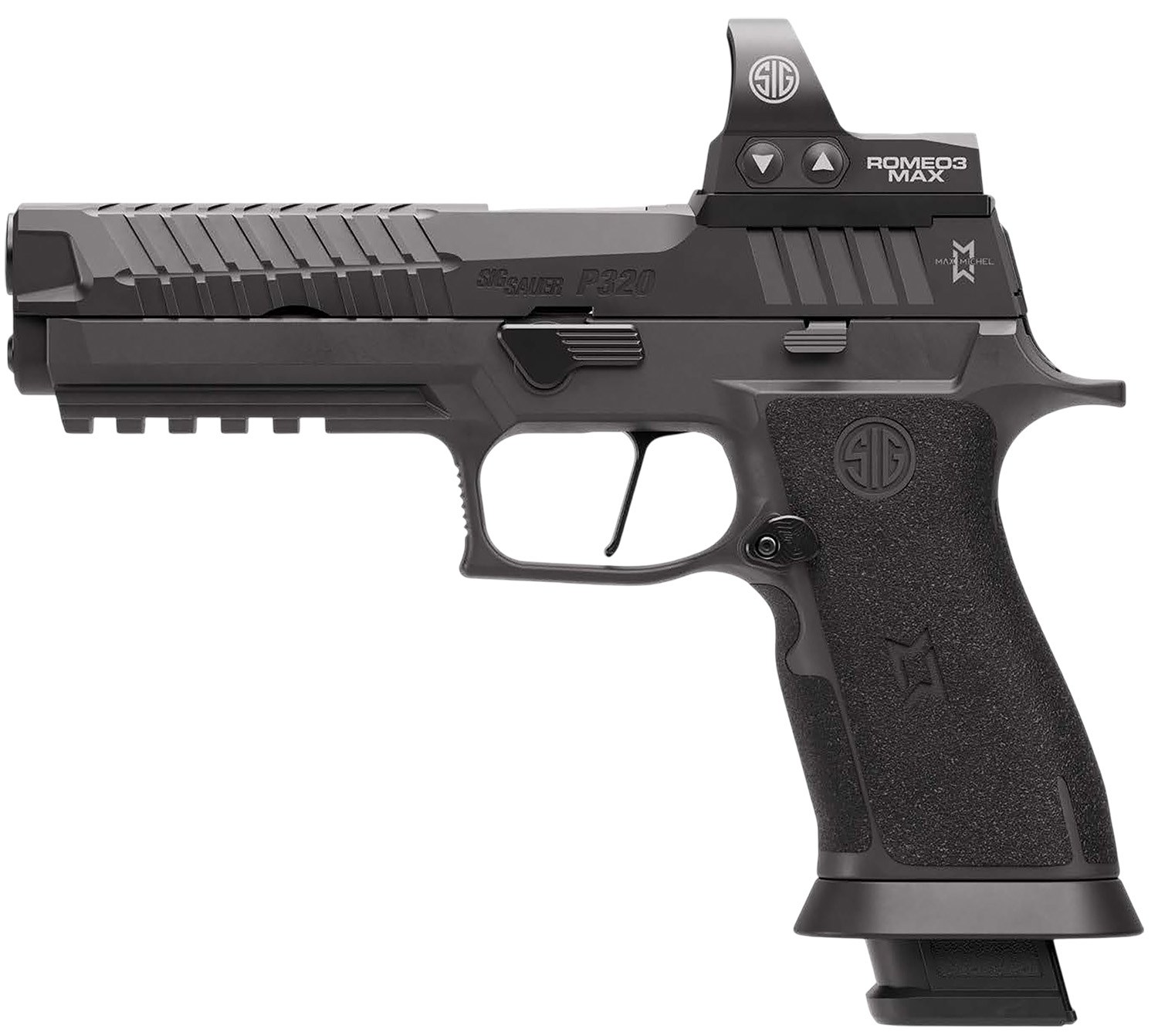 Sig Sauer P320 Xfive Max 2 9MM Pistol 5" Txg Grip, X5 Slide, ROMEO3MAX, 4-21-Round Magazines