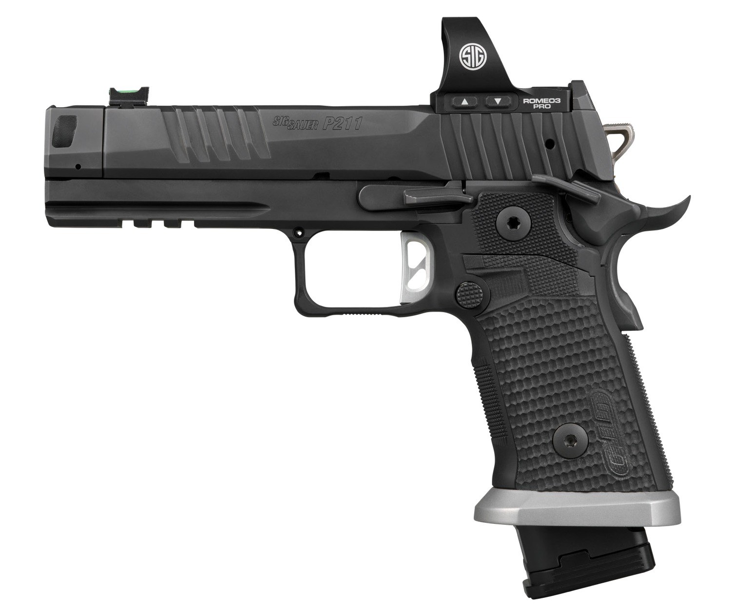 Sig Sauer P211 GTO with Optic 9mm Luger 23+1 4.40" Bull Barrel, Black Nitron Stainless Steel Serrated with Optic Slide & Frame with Beavertail