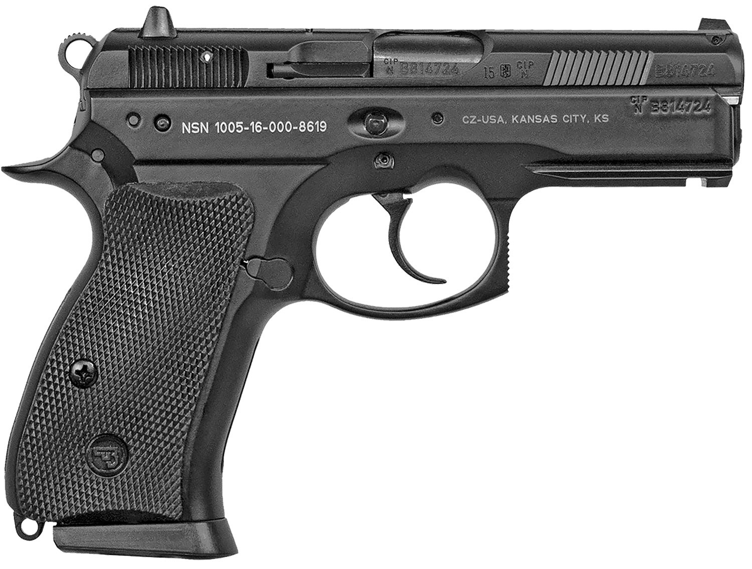 CZ-USA 01199 P-01 Compact Compact Frame 9mm Luger 10+1, 3.75" Blued Steel Barrel, Black Serrated Steel Slide, Black Polycoat Aluminum Frame