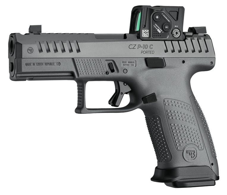 CZ-USA 01582 P-10 C with Optic Compact Frame 9mm Luger 10+1 4" Black Nitride Integral Compensator Barrel, Black Nitride Steel Serrated with Optic