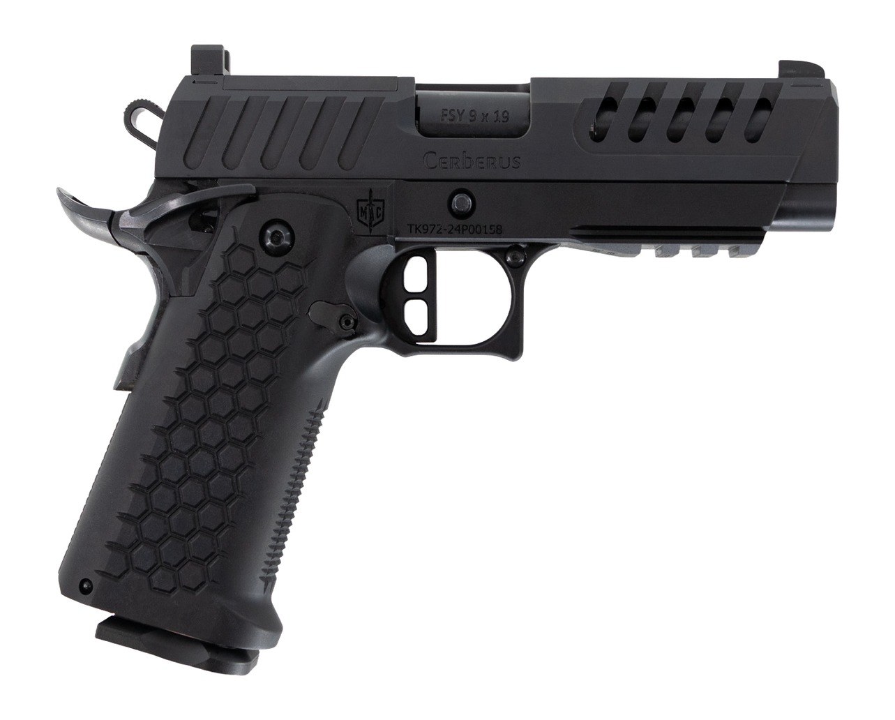 MAC 12500032 Cerberus 9mm Luger 17+1 4.40" Bull with Target Crown Barrel, QPQ Tenifer Cerakote Optic Ready/Serrated Slide, Aluminum Grip, RMR
