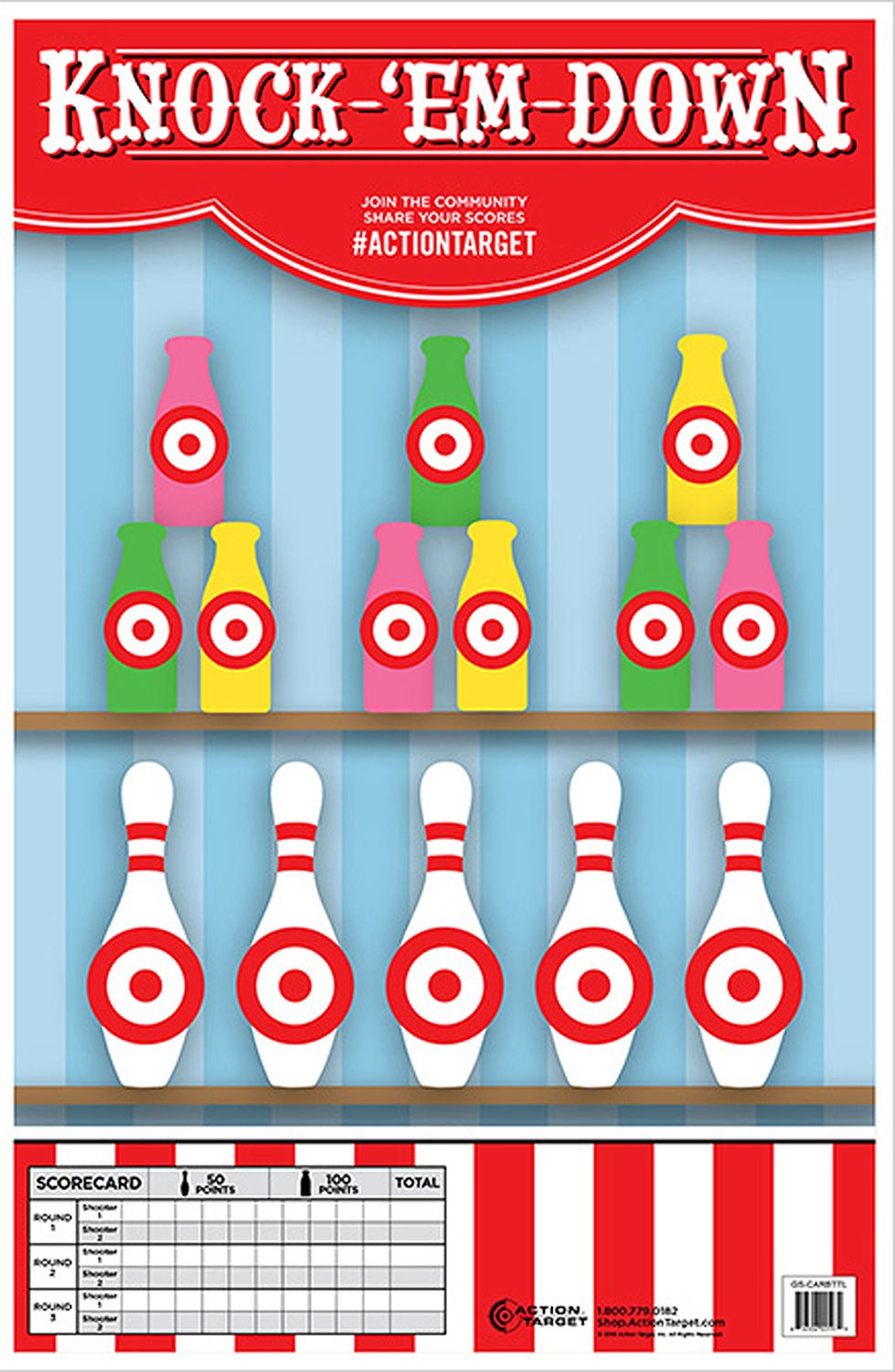 Action Target GSCARBTTL100 Entertainment Knock-'Em-Down Bottles/Pins Paper Hanging 23" X 35" Multi-Color 100 per Box