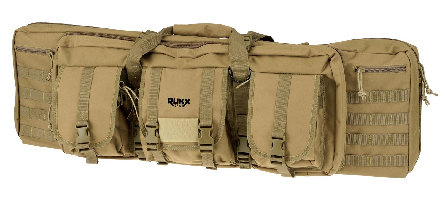 Rukx Gear ATICT42DBT Tactical Double Gun Case 42" Water Resistant Tan 600D Polyester with Non-Rust Zippers Reinforced Velcro & Adjustable Back