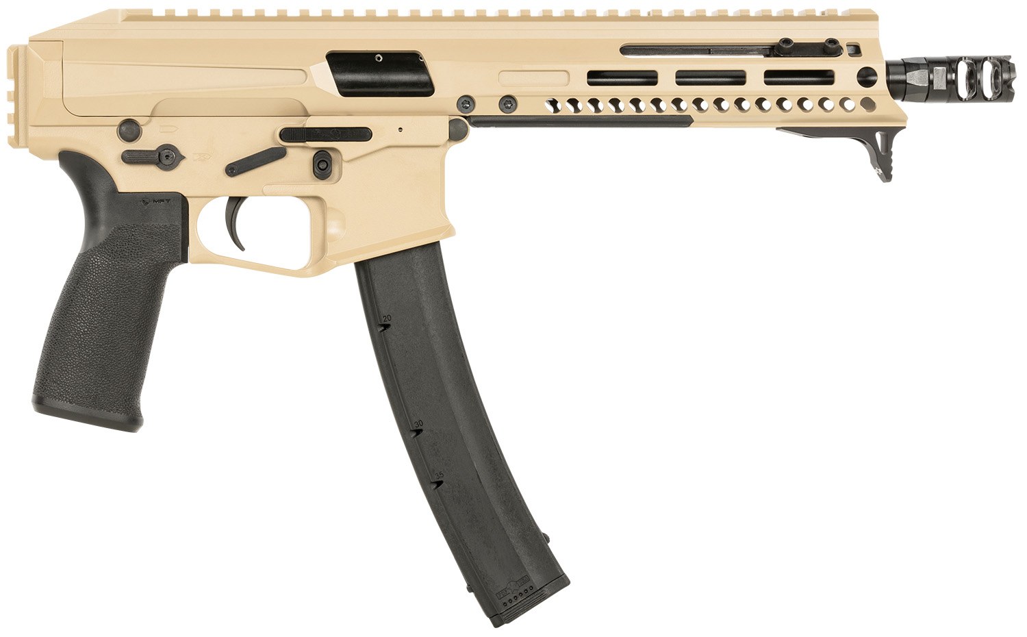 Patriot Ordnance Factory 01926 Phoenix 9mm Luger 35+1 8", Flat Dark Earth Rec/M-LOK Handgaurd, Black MFT Grip, Picatinny Stock Adapter, Muzzle Brake