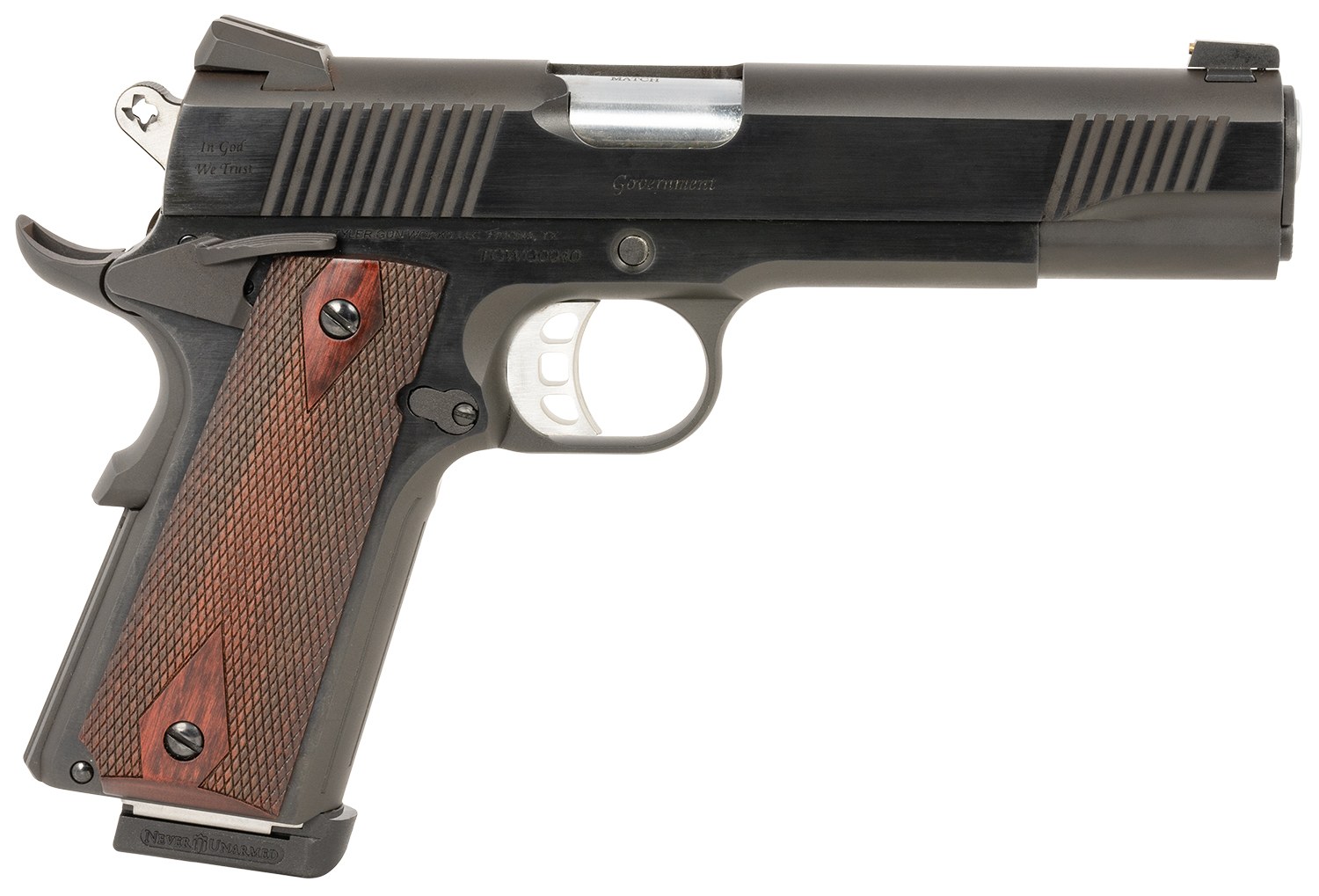 Tyler Gun Works TGWGVBL45 Custom 1911 Government Full Size Frame 45 ACP 7+1 5" Stainless Match Grade Barrel, Blued Serrated Steel Slide & Steel