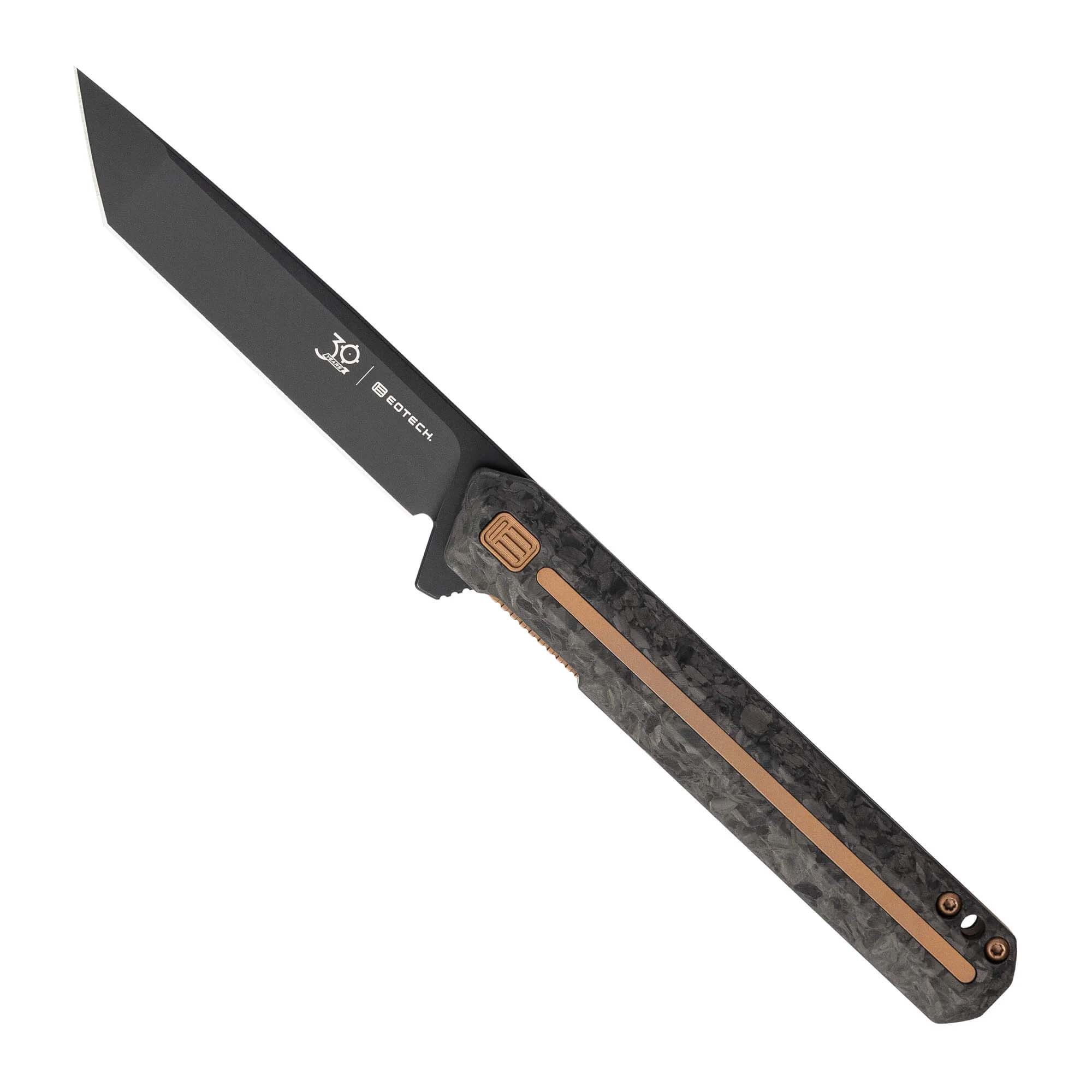 Tekto X EOTech Collab F2 Bravo, Forged Carbon Handle, Bronze Titanium Accents, Black D2, Fine Edge
