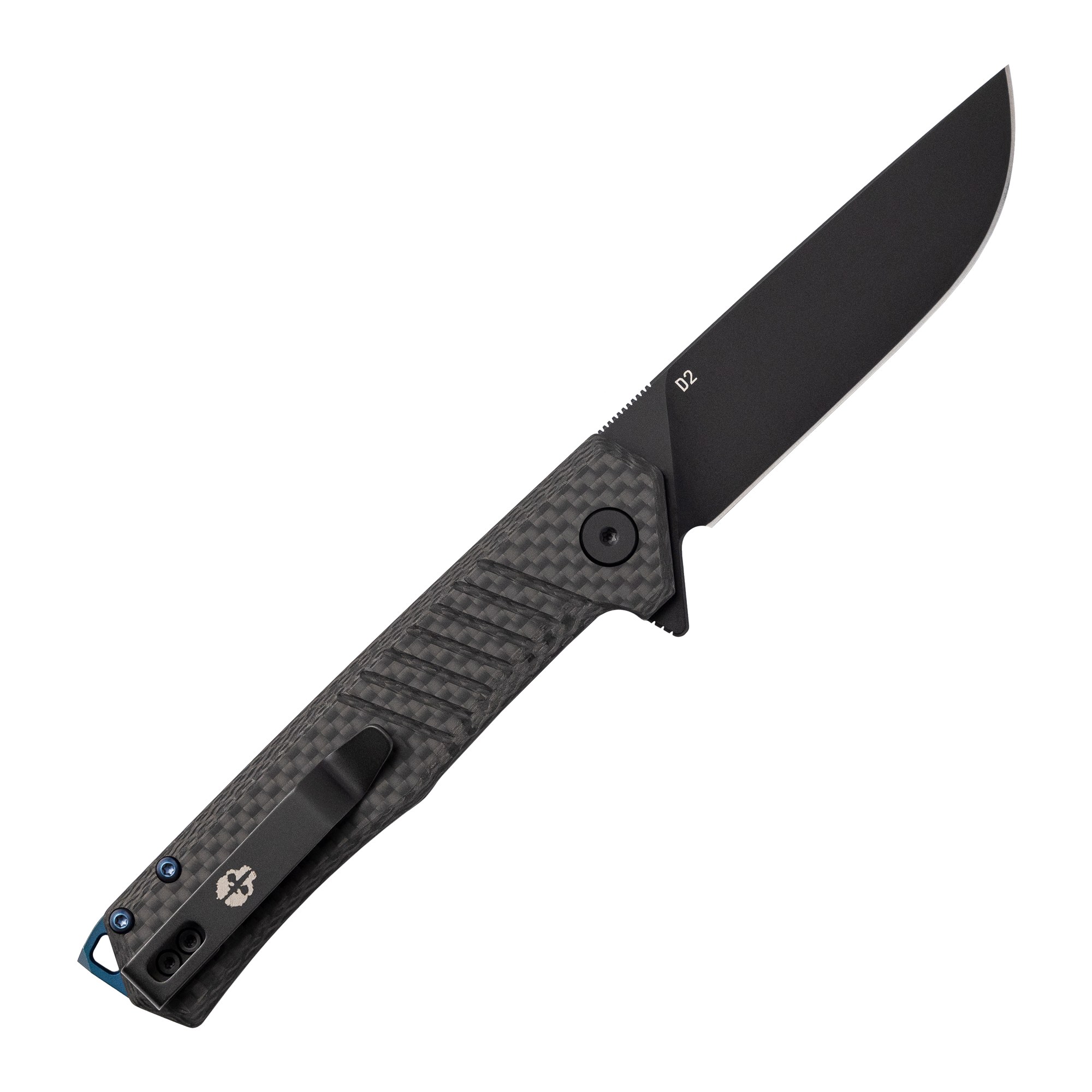 Tekto F1 Alpha, Carbon Fiber Handle Handle, Blue Accents, Black D2 Blade, Fine Edge